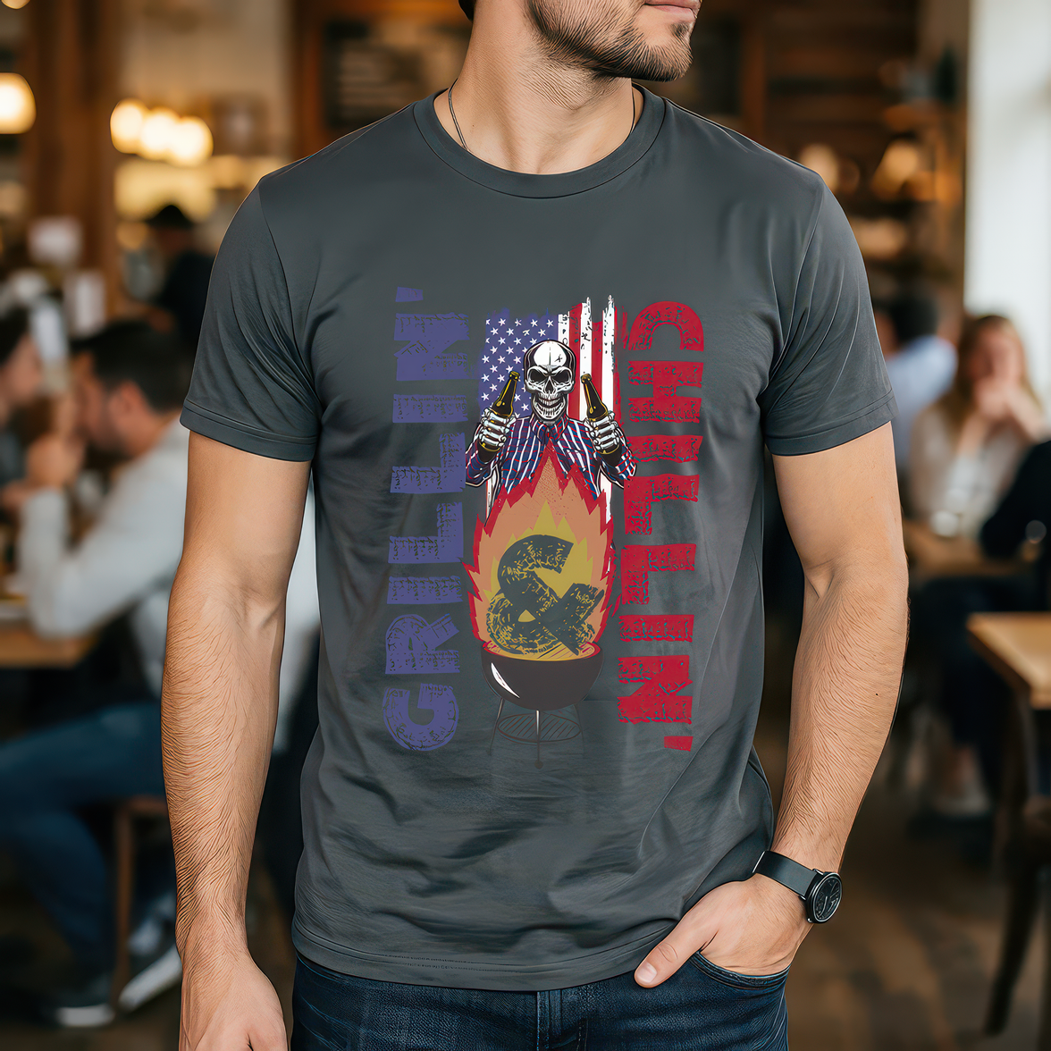 Grillin' and Chillin' Patriotic Skeleton - DTF Transfer