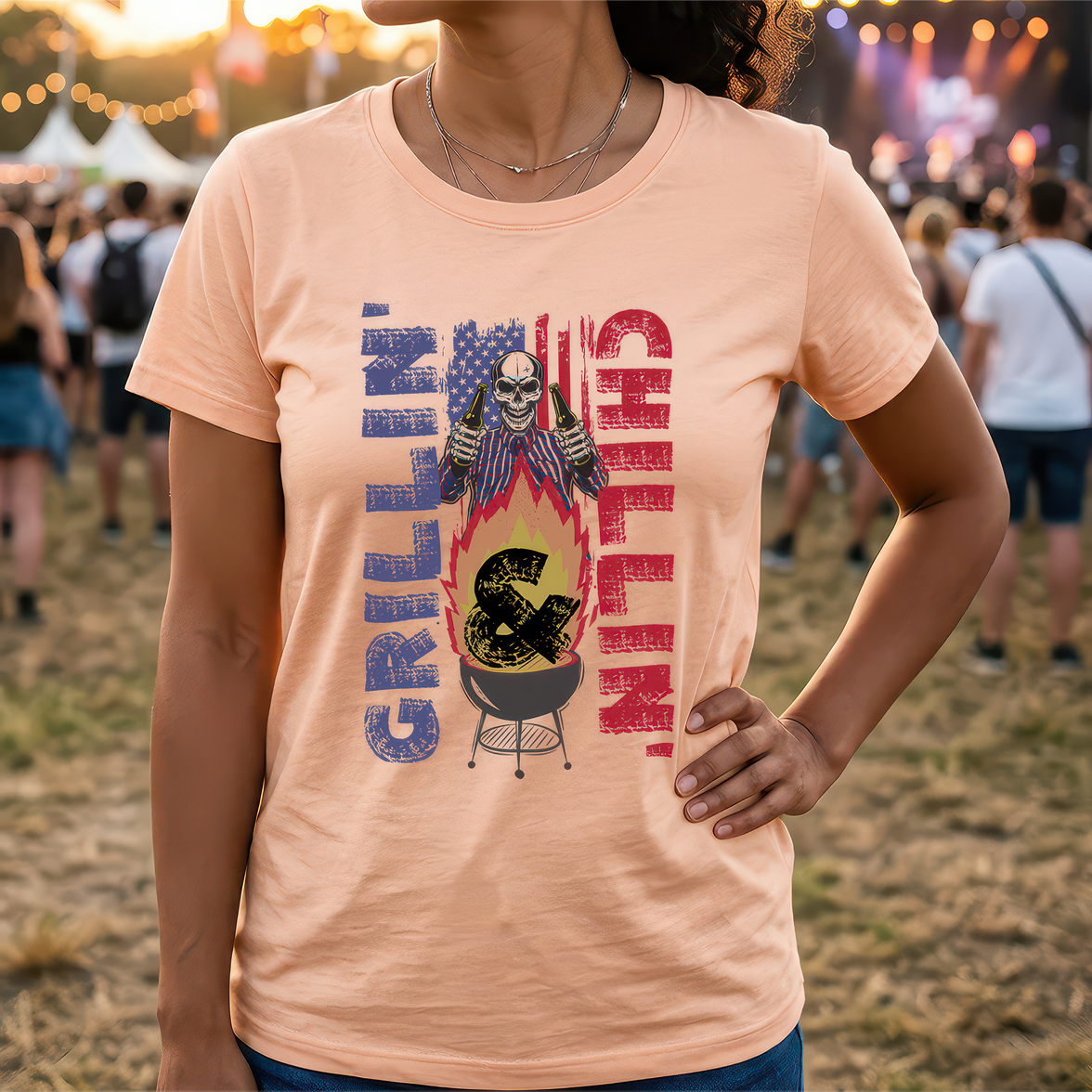 Grillin' and Chillin' Patriotic Skeleton - DTF Transfer